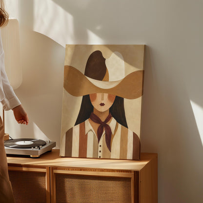 Cowgirl in a sweeping two-tone hat with a burgundy neckerchief, canvas wall art presented in a light, minimal room