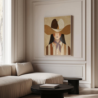 Cowgirl in a sweeping two-tone hat with a burgundy neckerchief, canvas wall art on a quiet wall in a considered interior