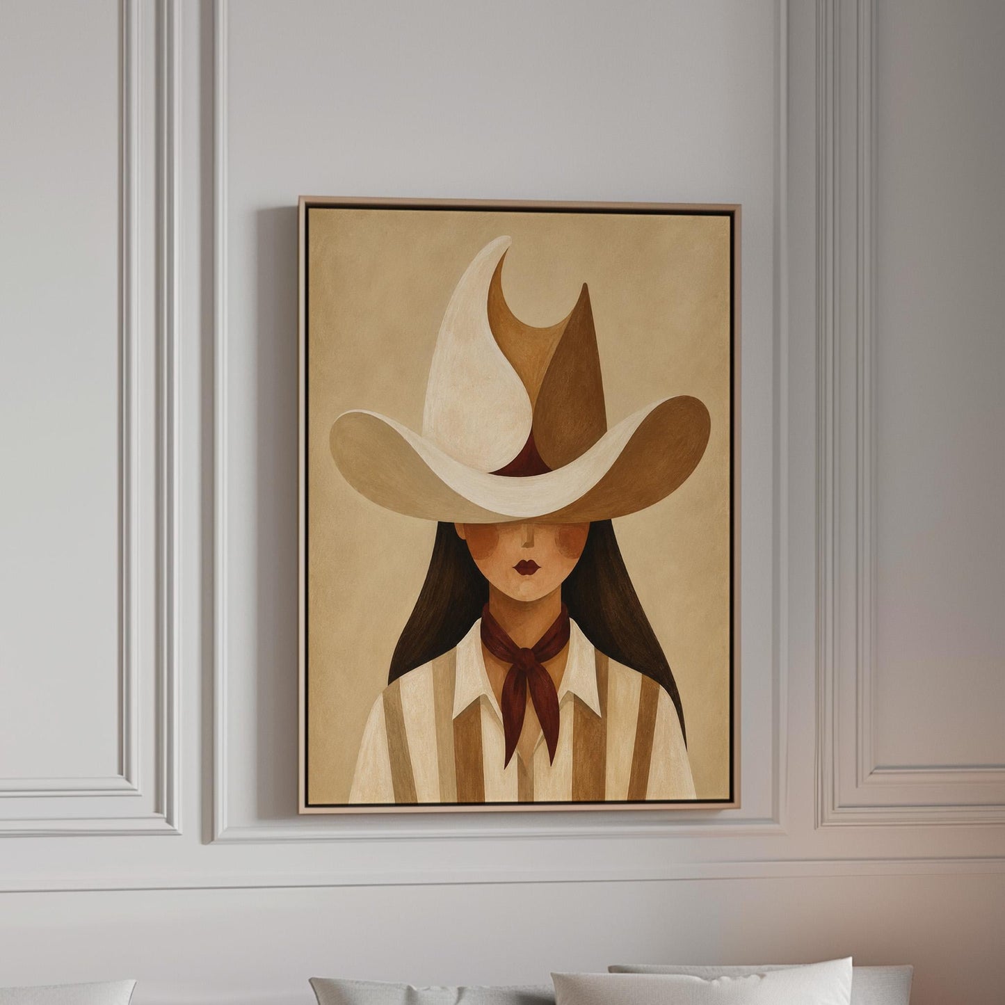 Cowgirl beneath a curling cream and brown wave shaped hat, canvas print in a bright room with natural daylight