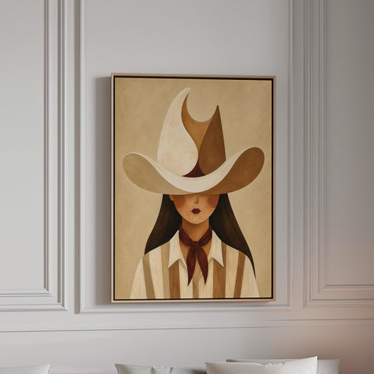 Cowgirl beneath a curling cream and brown wave shaped hat, canvas print in a bright room with natural daylight