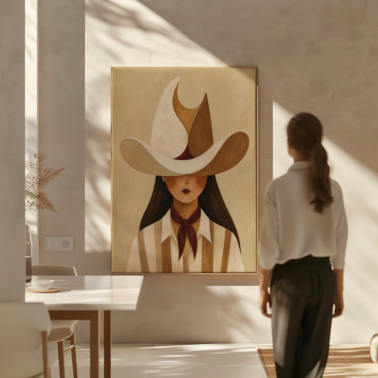 Cowgirl beneath a curling cream and brown wave shaped hat, canvas print styled against a soft white wall
