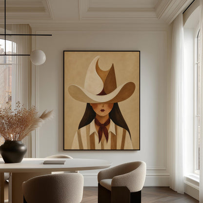 Cowgirl beneath a curling cream and brown wave shaped hat, canvas print seen in a warm interior with natural light