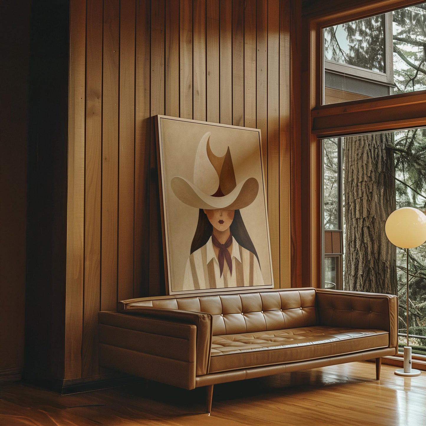 Cowgirl beneath a curling cream and brown wave shaped hat, canvas print shown to scale in a furnished room