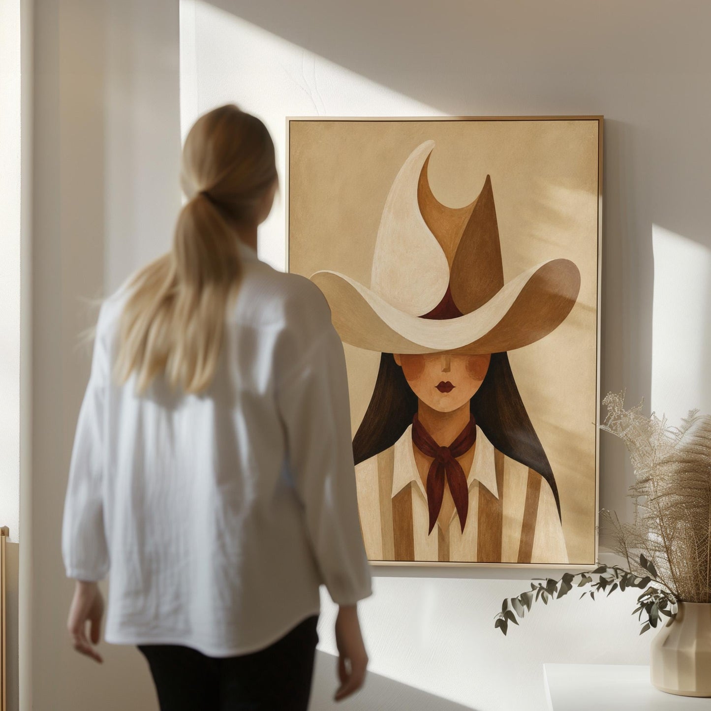 Cowgirl beneath a curling cream and brown wave shaped hat, canvas wall art hanging in a calm, modern living space