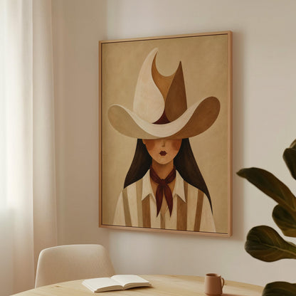 Cowgirl beneath a curling cream and brown wave shaped hat, canvas wall art seen in a warm interior with natural light