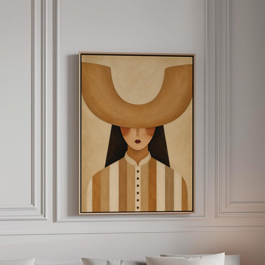 Faceless cowgirl under an enormous curved tan cowboy hat brim shape, canvas print in a bright room with natural daylight