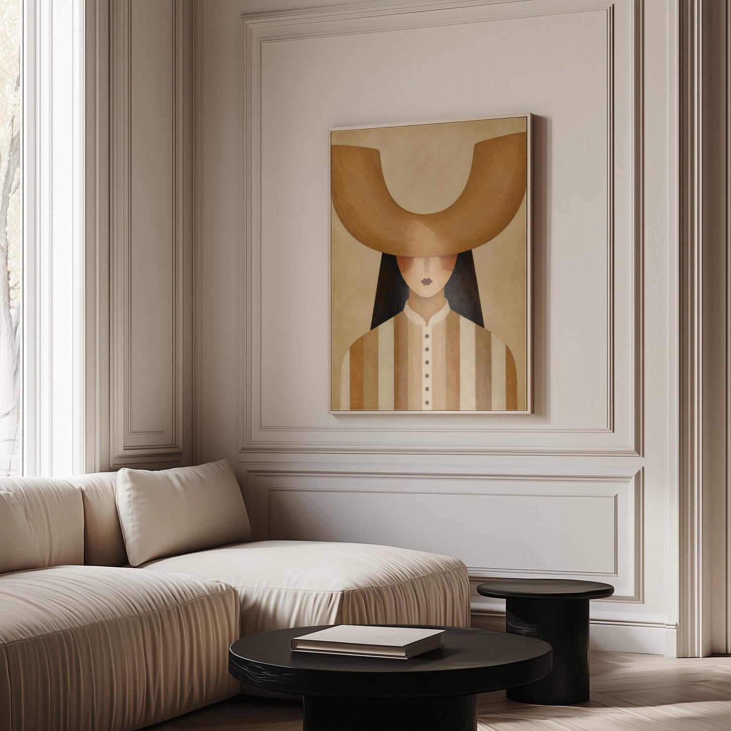 Faceless cowgirl under an enormous curved tan cowboy hat brim shape, canvas print hanging in a calm, modern living space