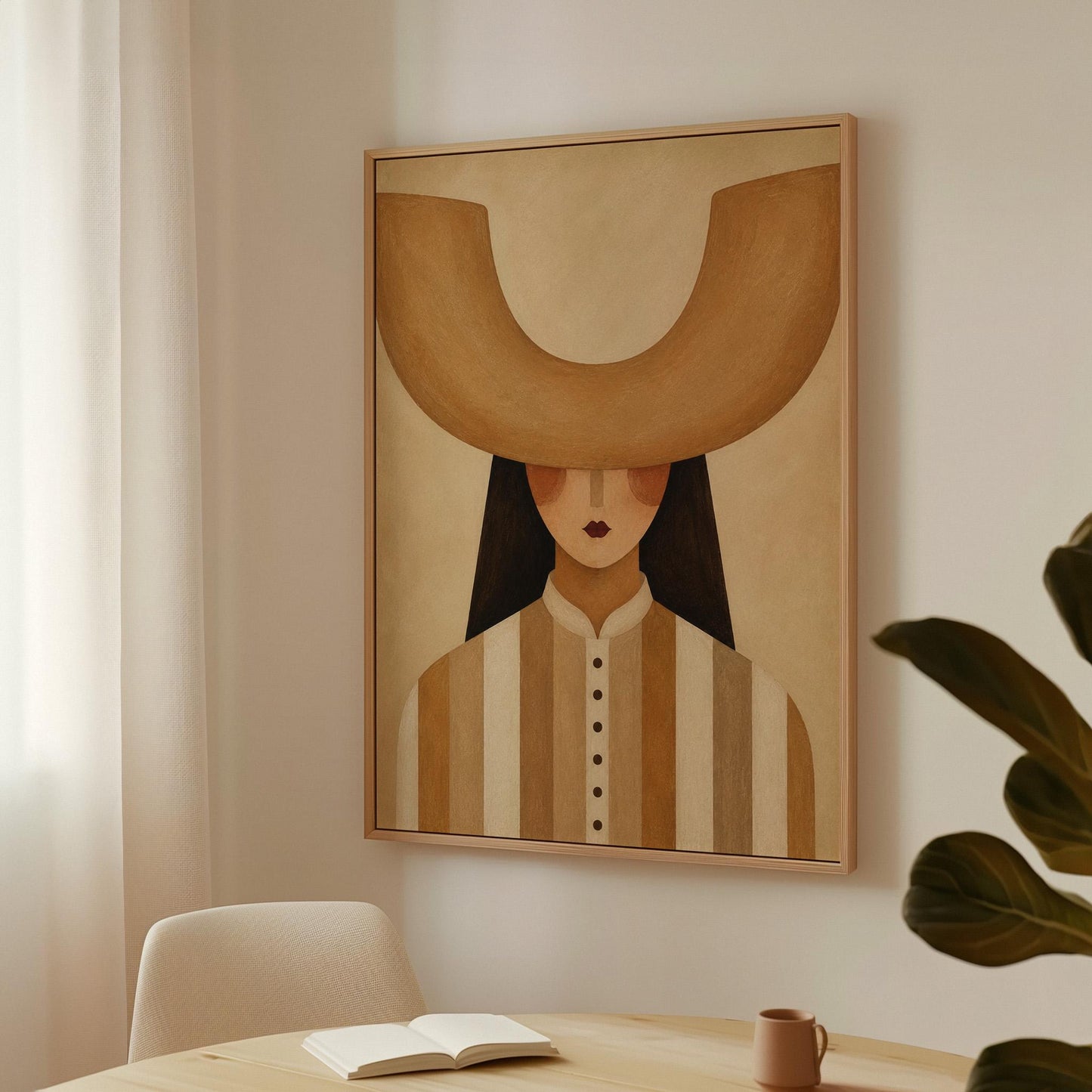 Faceless cowgirl under an enormous curved tan cowboy hat brim shape, canvas print shown to scale in a furnished room