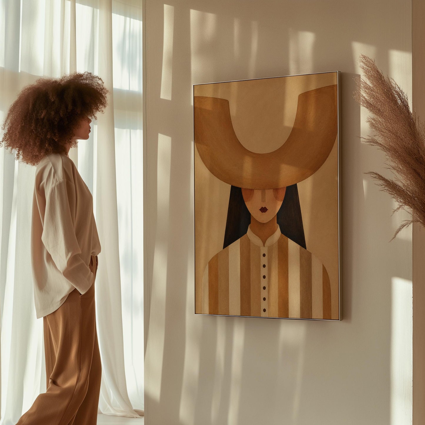 Faceless cowgirl under an enormous curved tan cowboy hat brim shape, canvas wall art seen in a warm interior with natural light