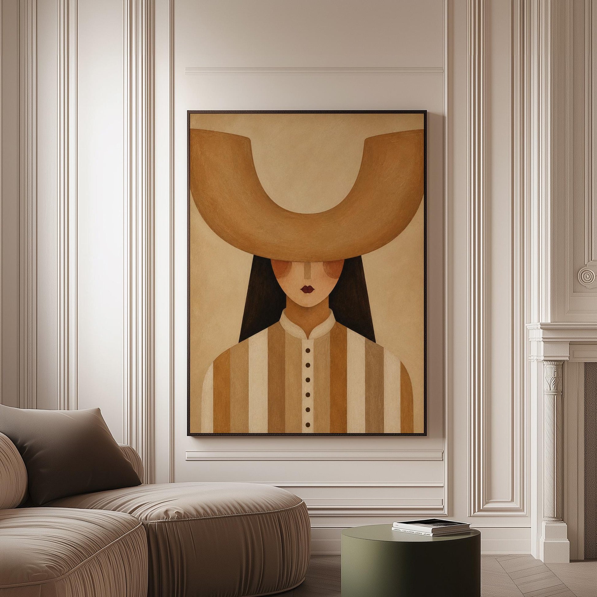 Faceless cowgirl under an enormous curved tan cowboy hat brim shape, canvas print on a softly lit wall in a calm interior