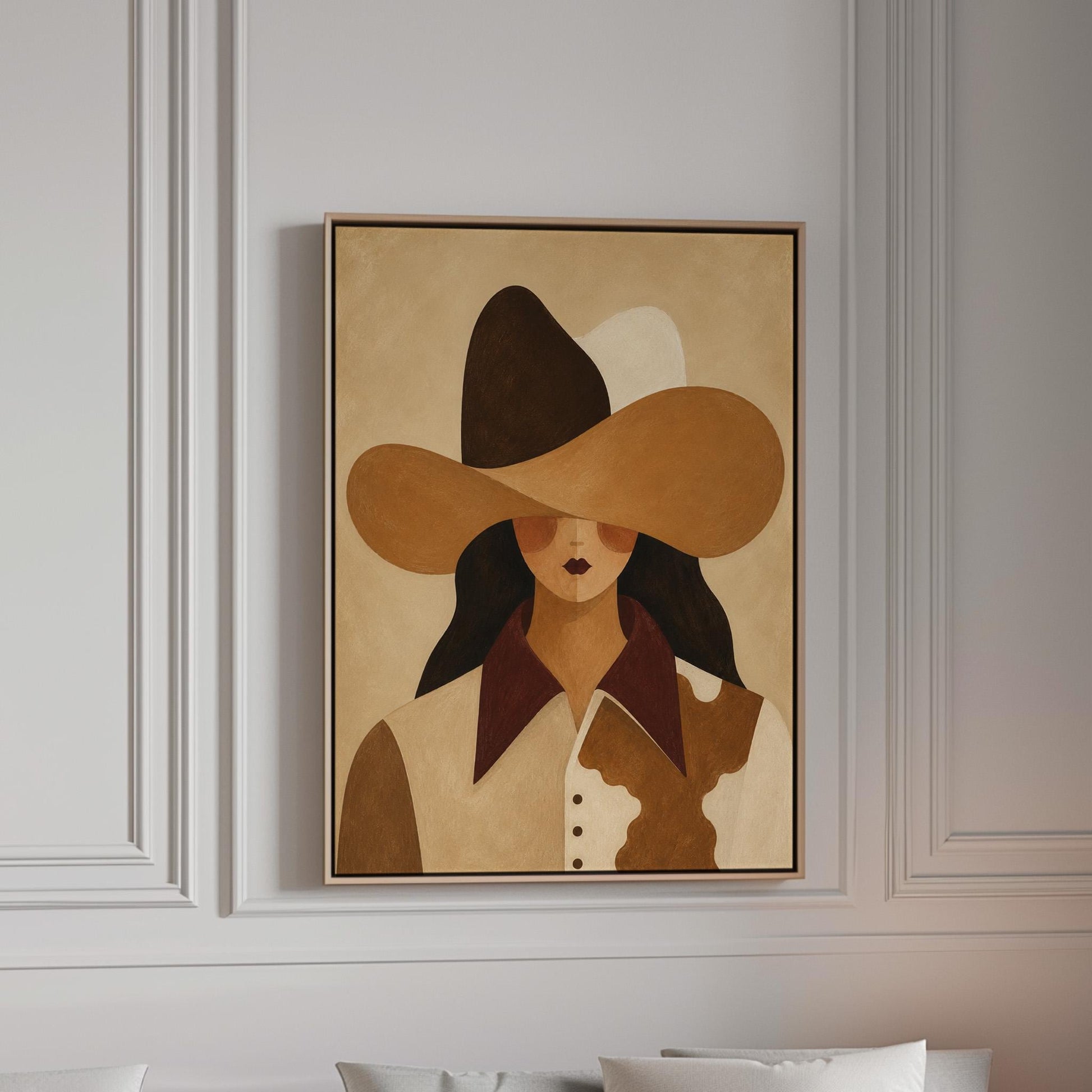 Cowgirl in a black and brown hat wearing a cow print shirt, canvas print in a bright room with natural daylight