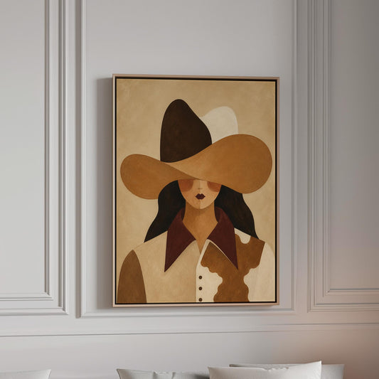 Cowgirl in a black and brown hat wearing a cow print shirt, canvas print in a bright room with natural daylight