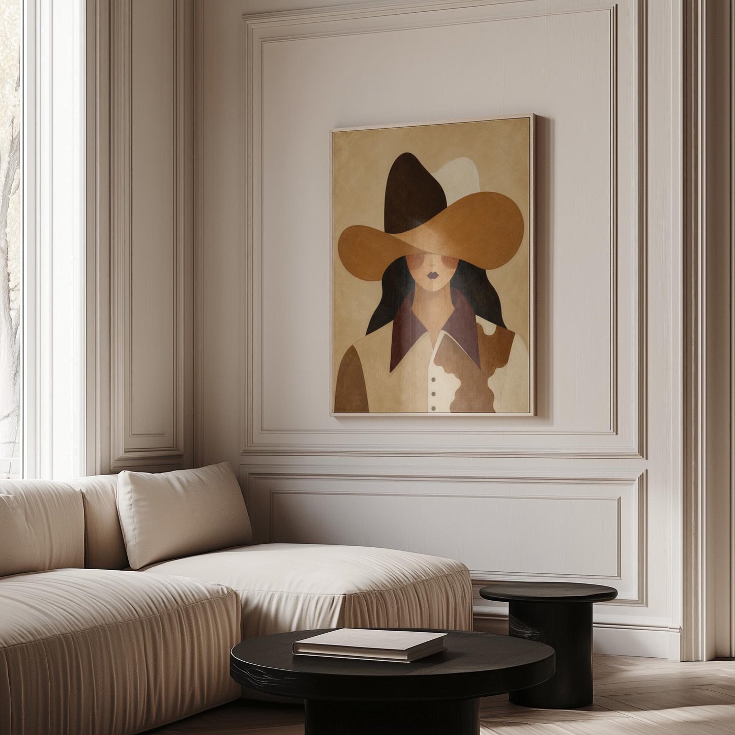 Cowgirl in a black and brown hat wearing a cow print shirt, canvas print hanging in a calm, modern living space