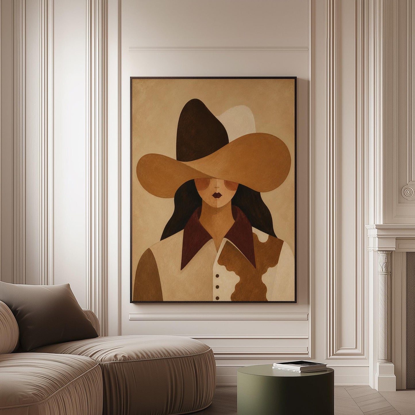 Cowgirl in a black and brown hat wearing a cow print shirt, canvas print on a softly lit wall in a calm interior