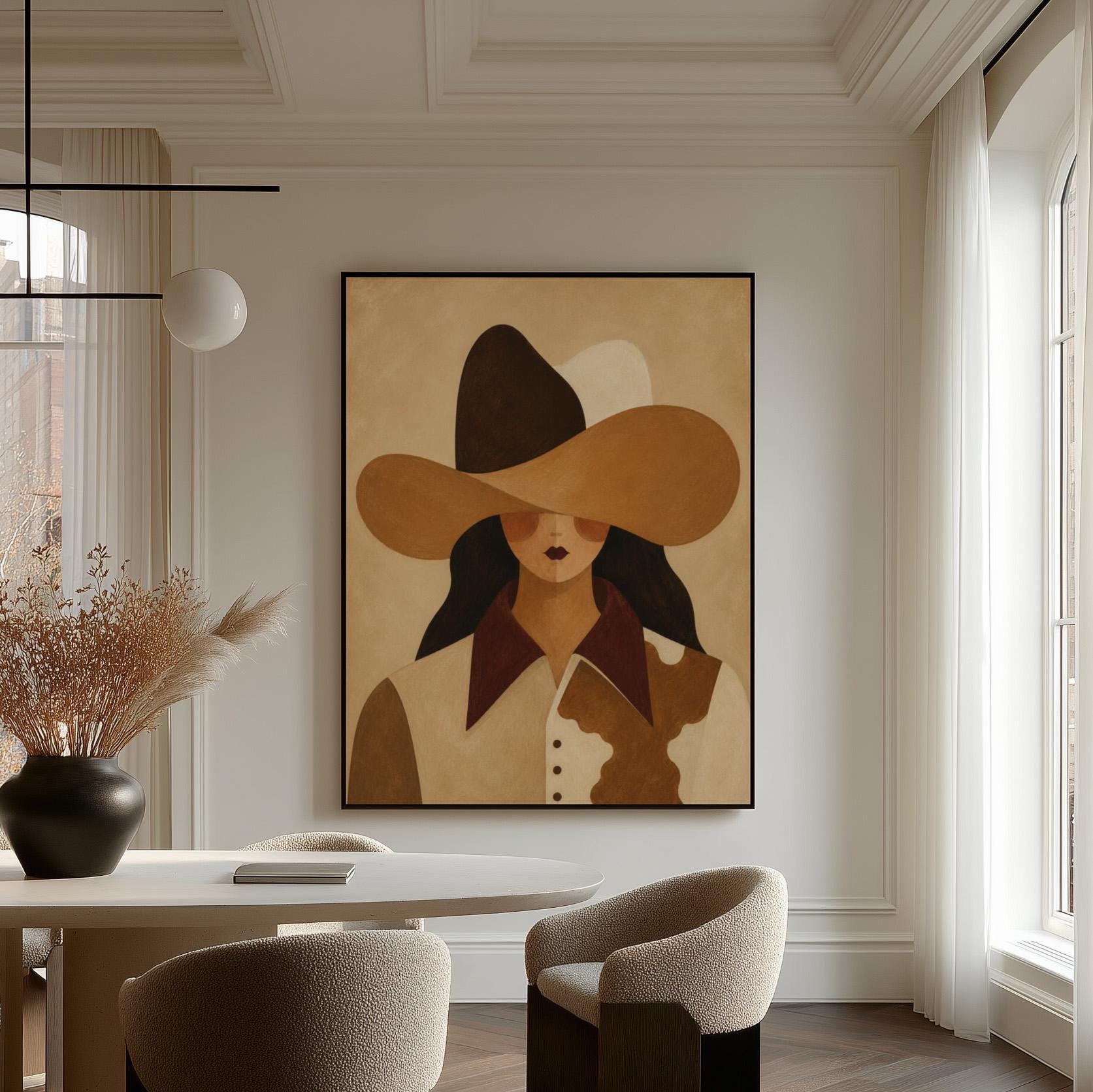 Cowgirl in a black and brown hat wearing a cow print shirt, canvas print displayed on a neutral wall in a styled interior
