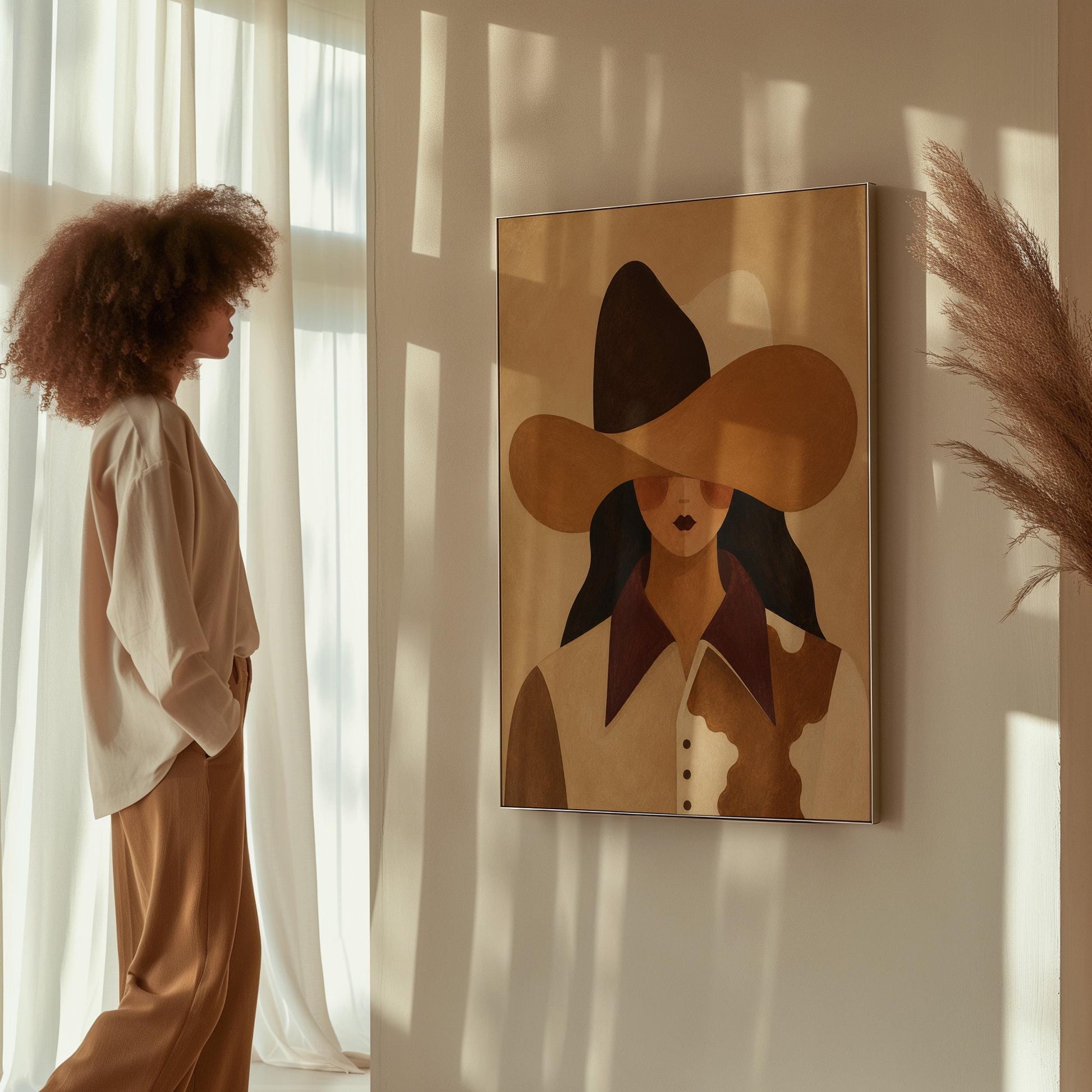 Cowgirl in a black and brown hat wearing a cow print shirt, canvas print shown in a sunlit, contemporary room