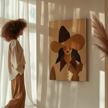 Cowgirl in a black and brown hat wearing a cow print shirt, canvas print shown in a sunlit, contemporary room