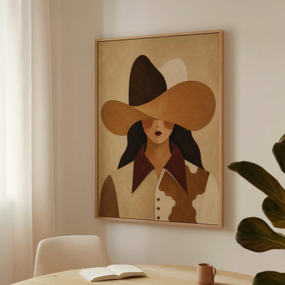 Cowgirl in a black and brown hat wearing a cow print shirt, canvas wall art on a quiet wall in a considered interior