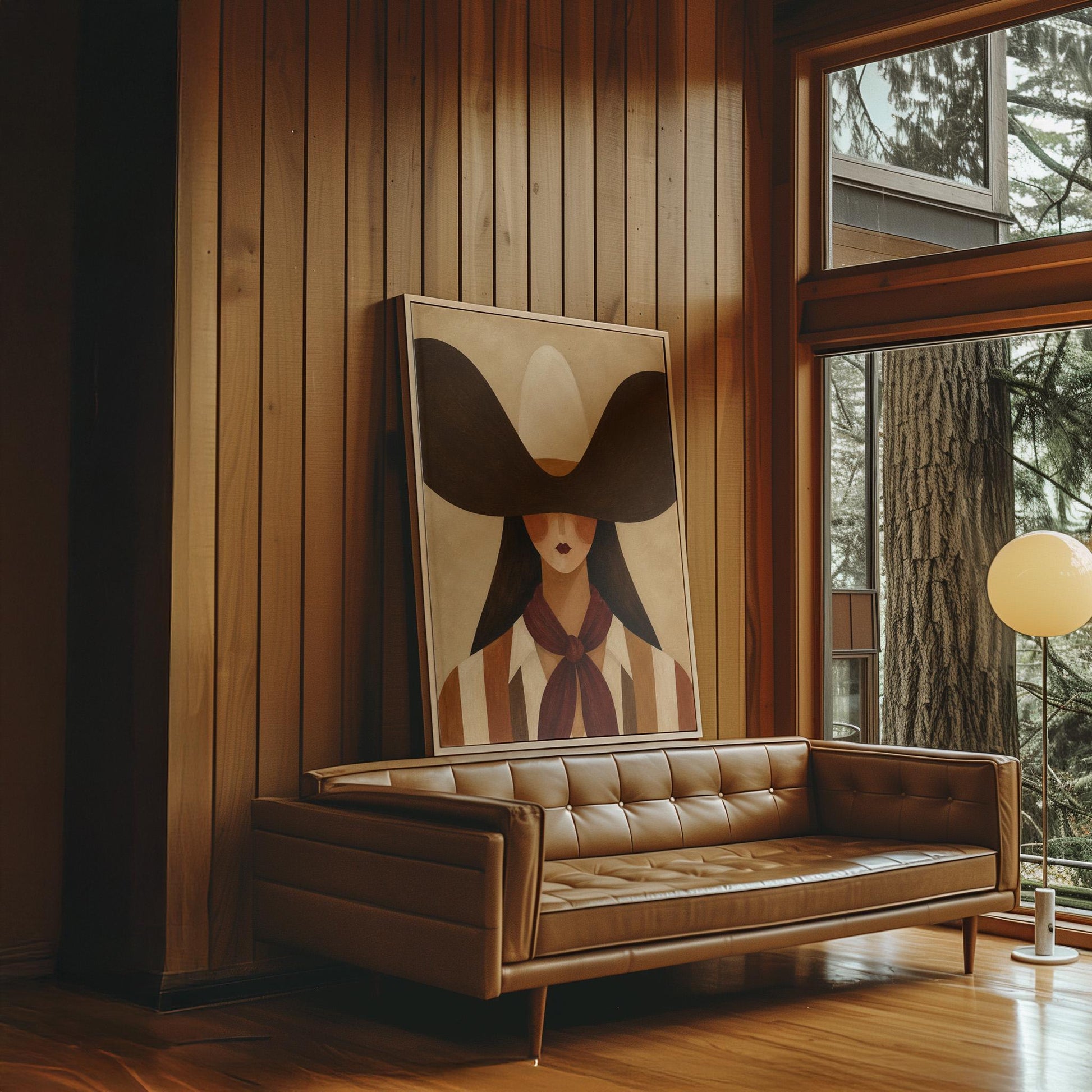Faceless cowgirl in a wide black hat and mauve neckerchief on tan background, canvas print displayed on a neutral wall in a styled interior