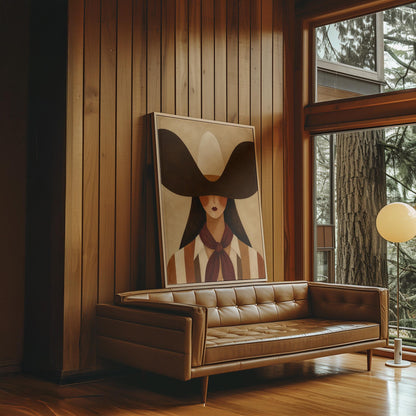 Faceless cowgirl in a wide black hat and mauve neckerchief on tan background, canvas print displayed on a neutral wall in a styled interior