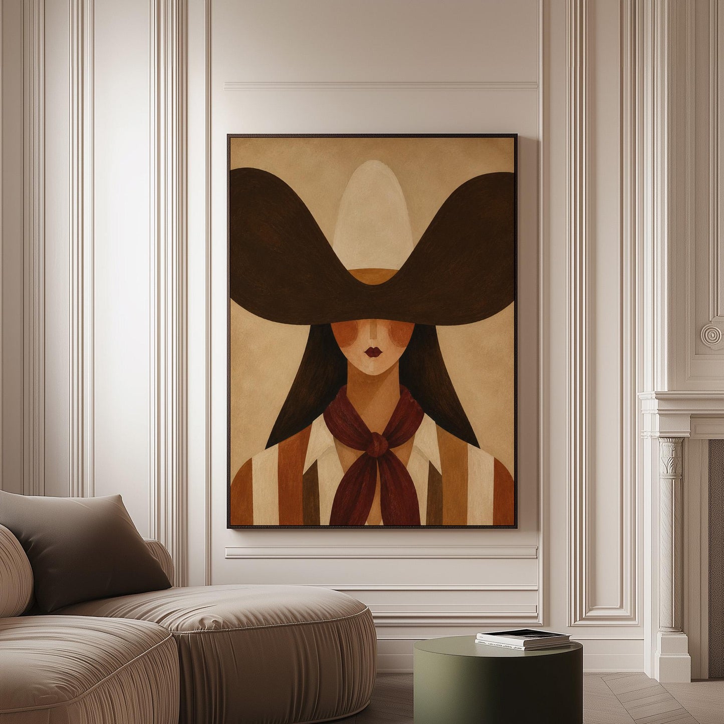 Faceless cowgirl in a wide black hat and mauve neckerchief on tan background, canvas print on a softly lit wall in a calm interior
