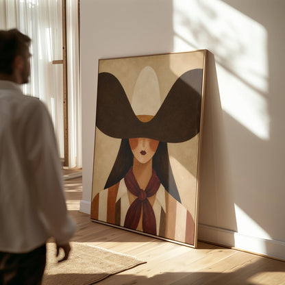 Faceless cowgirl in a wide black hat and mauve neckerchief on tan background, canvas wall art hanging in a calm, modern living space