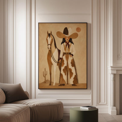 Cowgirl in cow print chaps standing beside a horse in a warm desert scene, canvas print on a softly lit wall in a calm interior