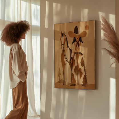 Cowgirl in cow print chaps standing beside a horse in a warm desert scene, canvas print displayed on a neutral wall in a styled interior