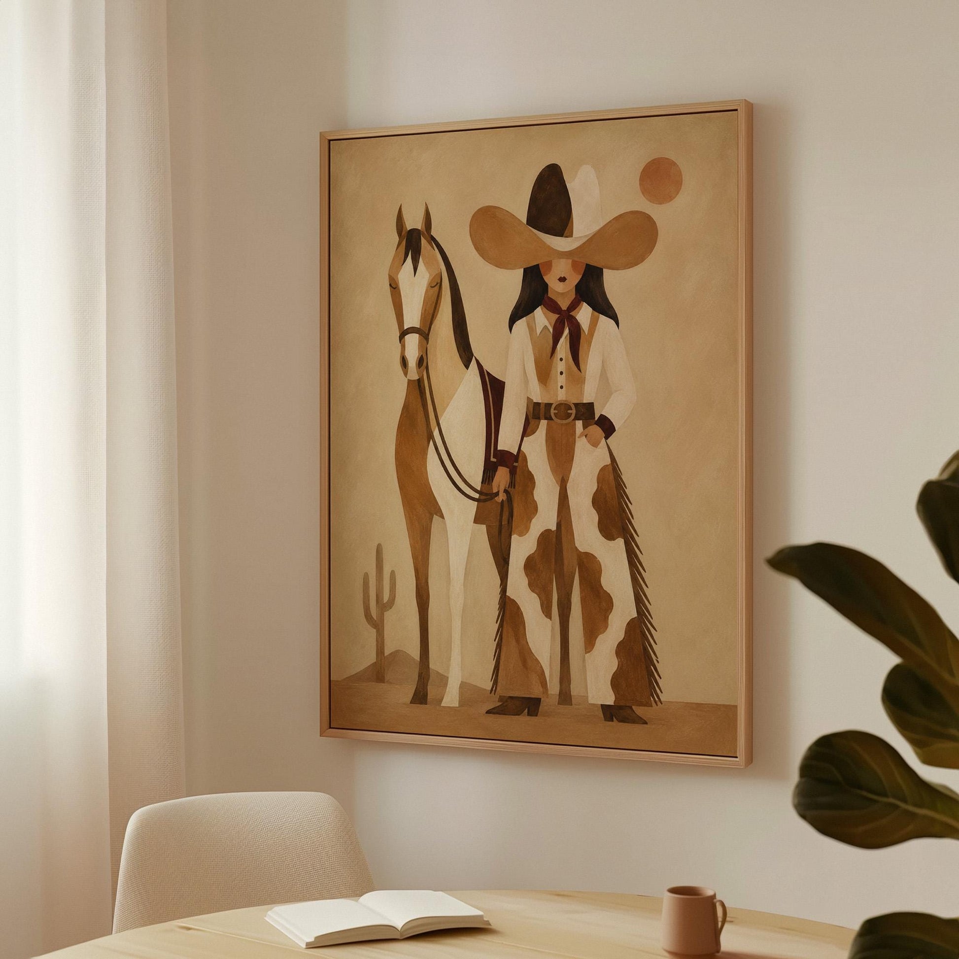 Cowgirl in cow print chaps standing beside a horse in a warm desert scene, canvas wall art styled against a soft white wall