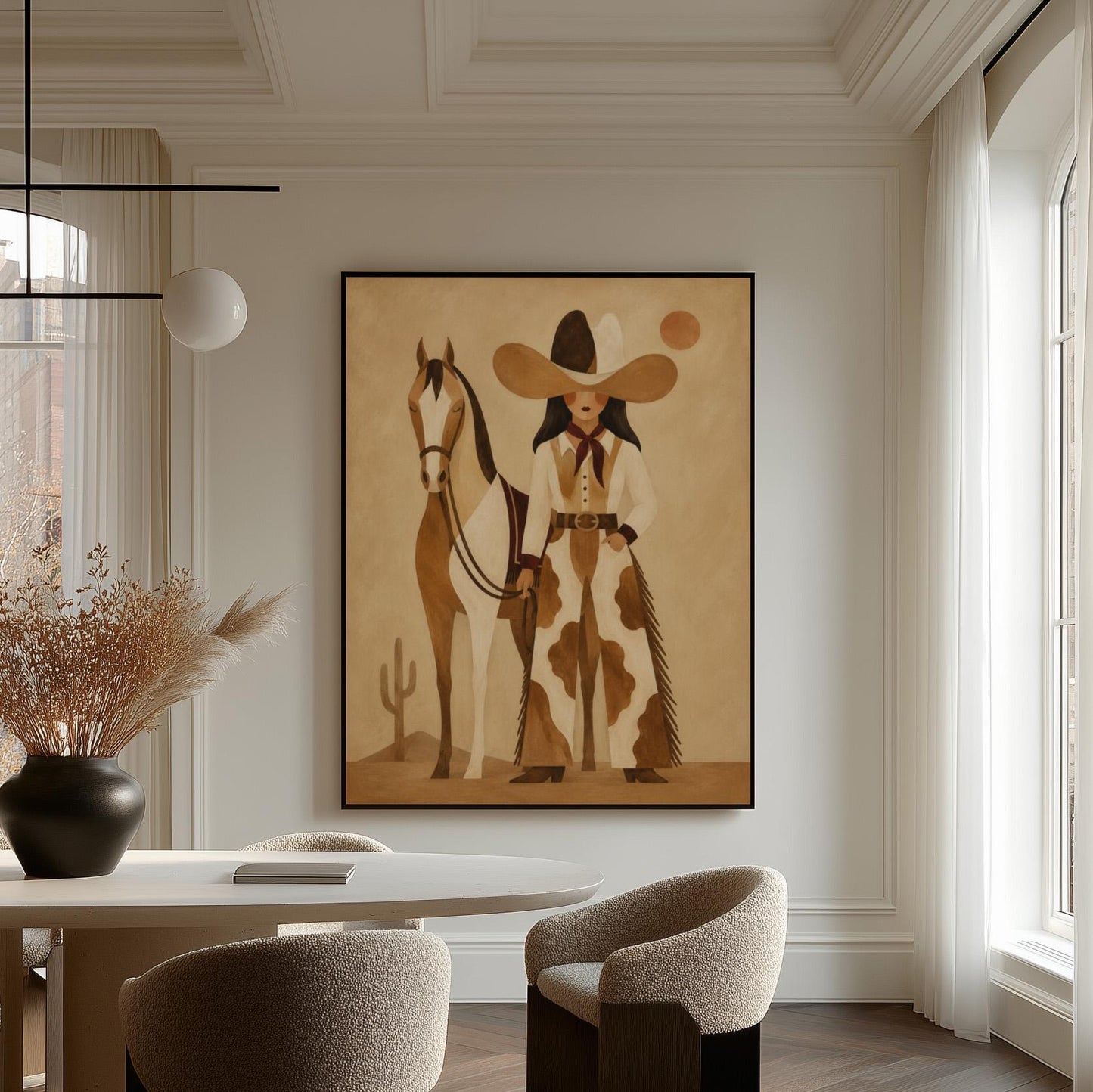 Cowgirl in cow print chaps standing beside a horse in a warm desert scene, canvas wall art presented in a light, minimal room