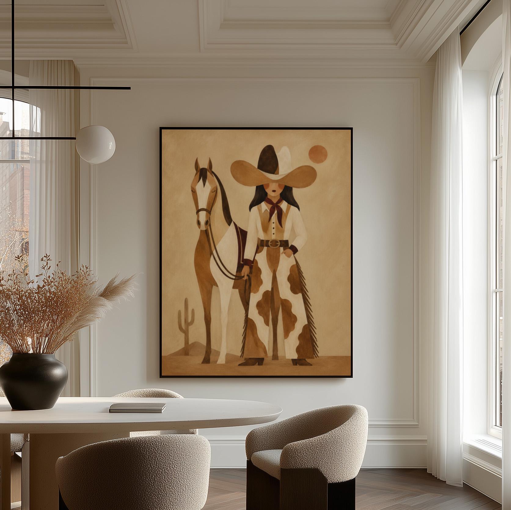 Cowgirl in cow print chaps standing beside a horse in a warm desert scene, canvas wall art presented in a light, minimal room