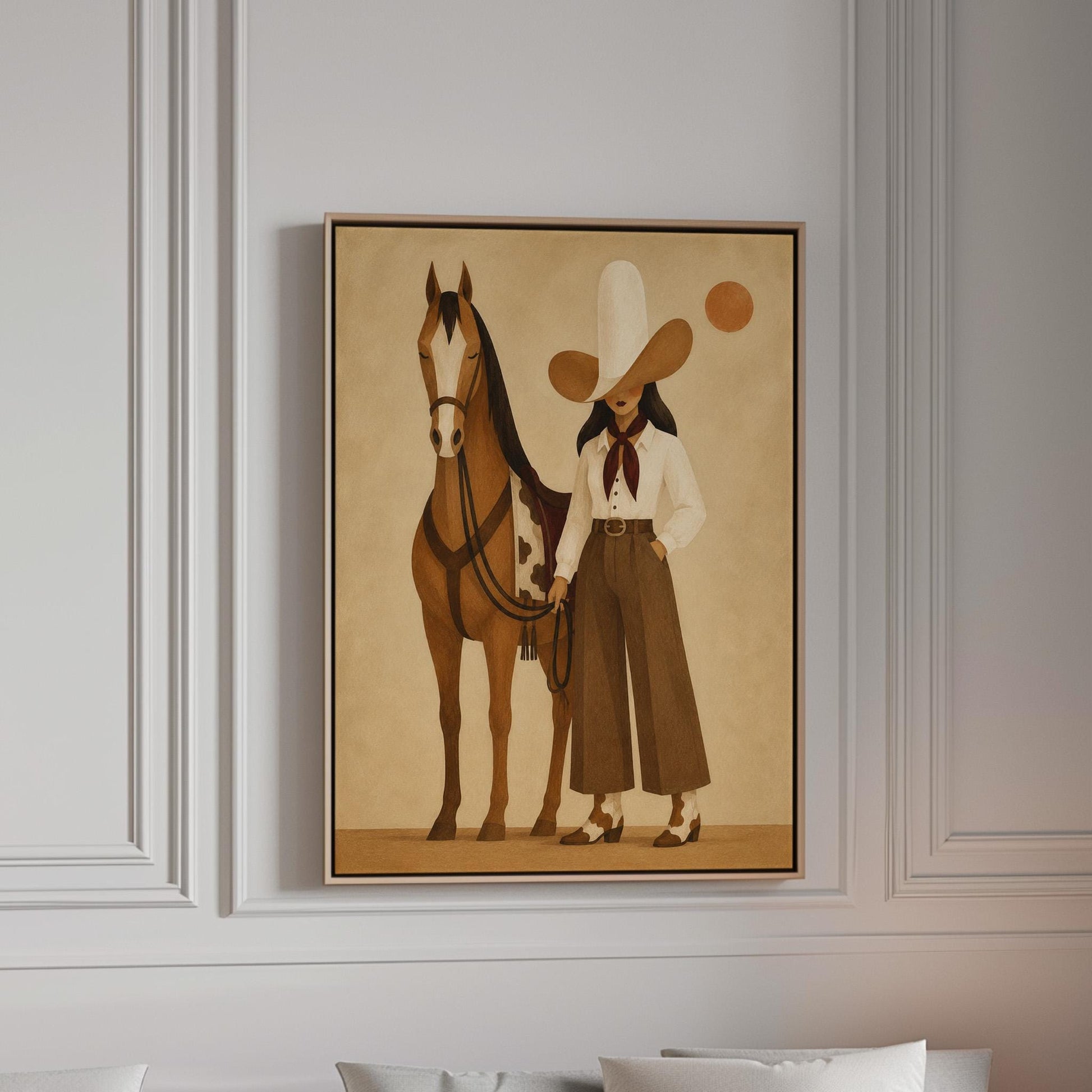 Cowgirl in a pale wide brim hat holding the reins of a bay horse at dusk, canvas print in a bright room with natural daylight