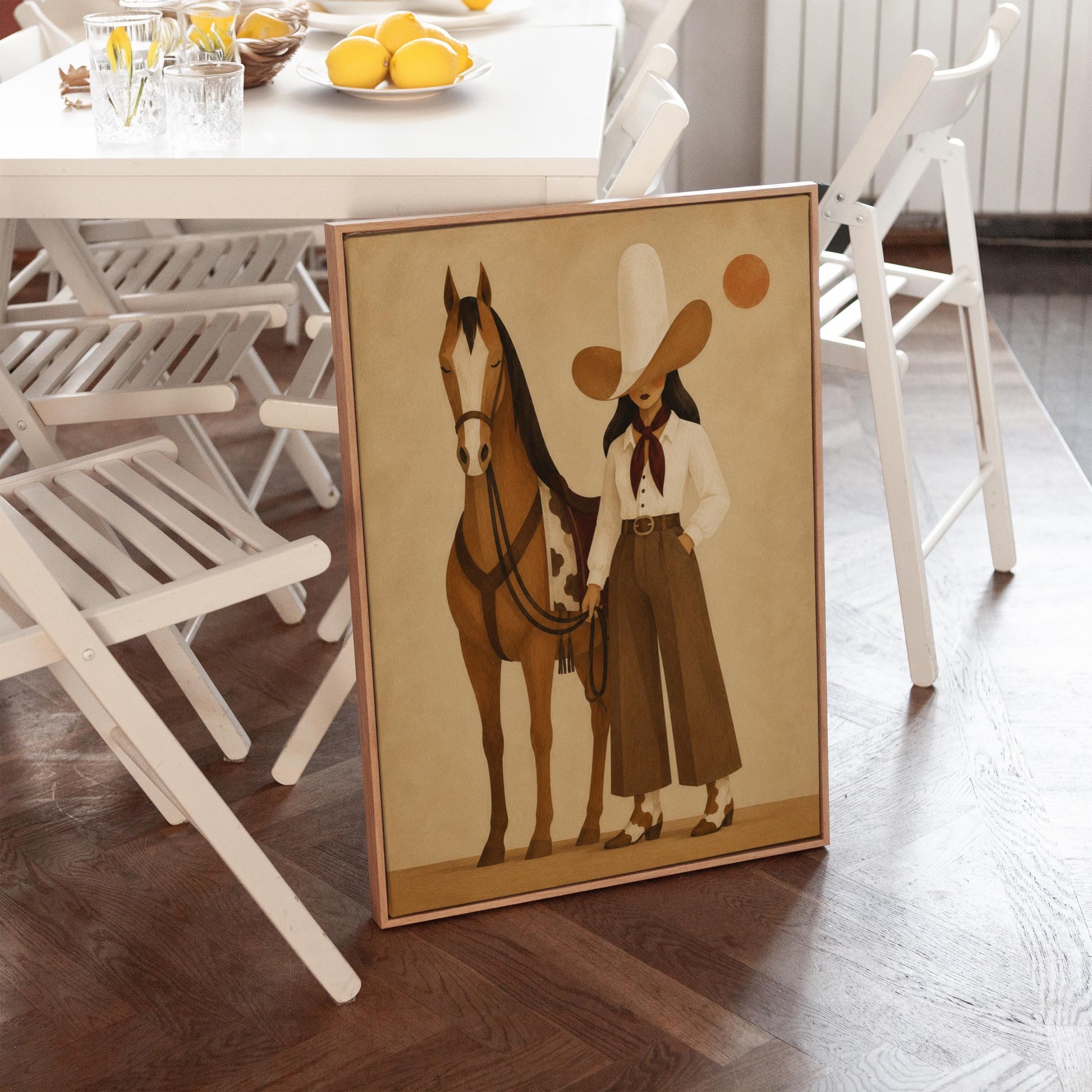 Cowgirl in a pale wide brim hat holding the reins of a bay horse at dusk, canvas print styled against a soft white wall