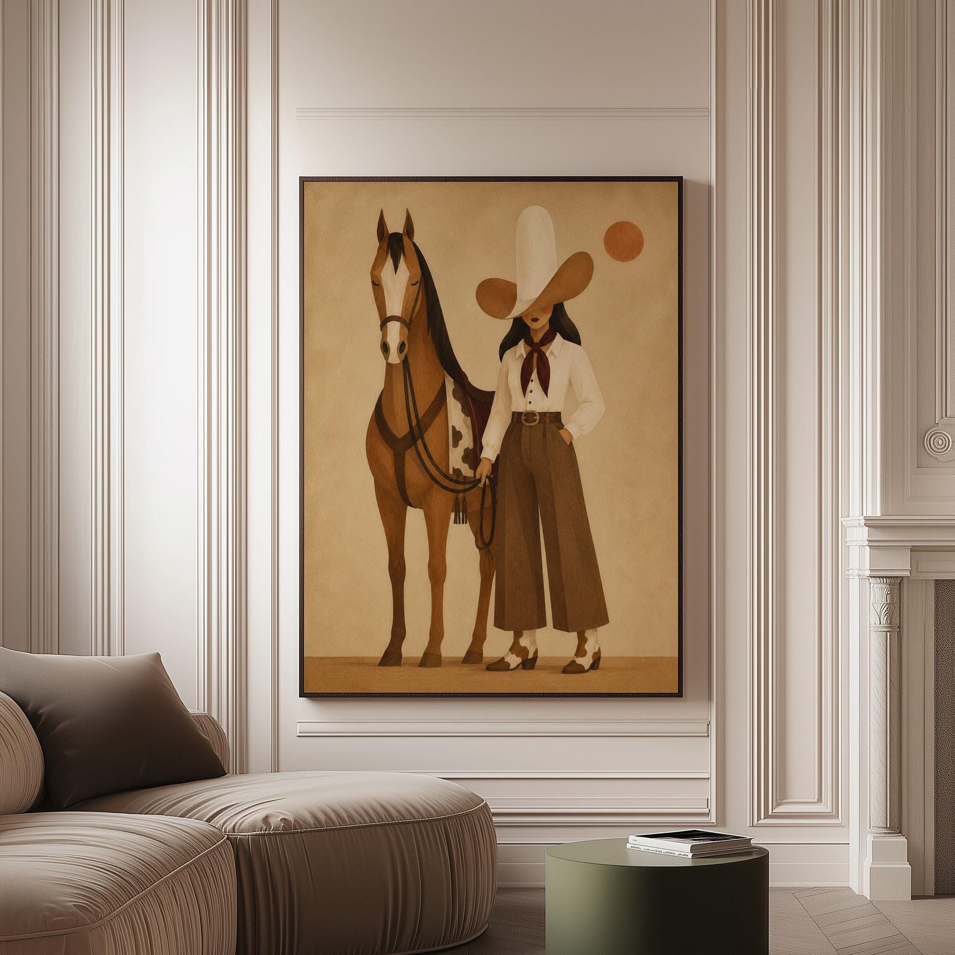 Cowgirl in a pale wide brim hat holding the reins of a bay horse at dusk, canvas print on a softly lit wall in a calm interior