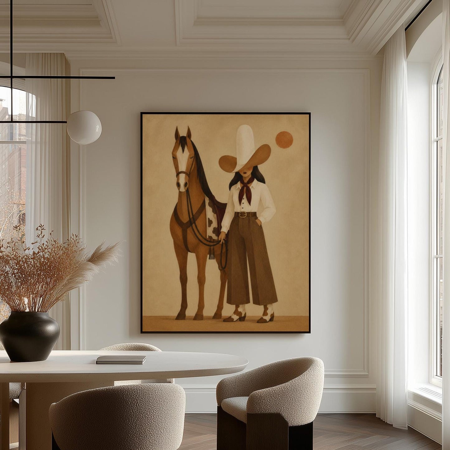 Cowgirl in a pale wide brim hat holding the reins of a bay horse at dusk, canvas wall art hanging in a calm, modern living space