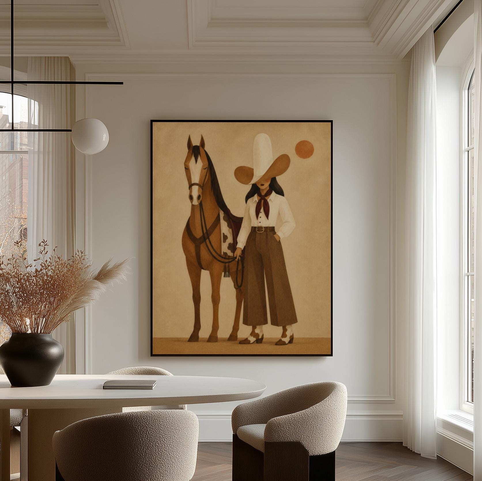 Cowgirl in a pale wide brim hat holding the reins of a bay horse at dusk, canvas wall art hanging in a calm, modern living space