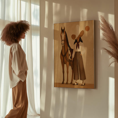 Cowgirl in a pale wide brim hat holding the reins of a bay horse at dusk, canvas wall art on a quiet wall in a considered interior