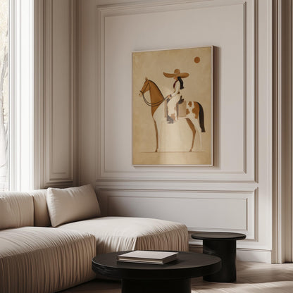 Cowgirl in a broad straw hat riding a cream and chestnut pinto horse, canvas print shown to scale in a furnished room