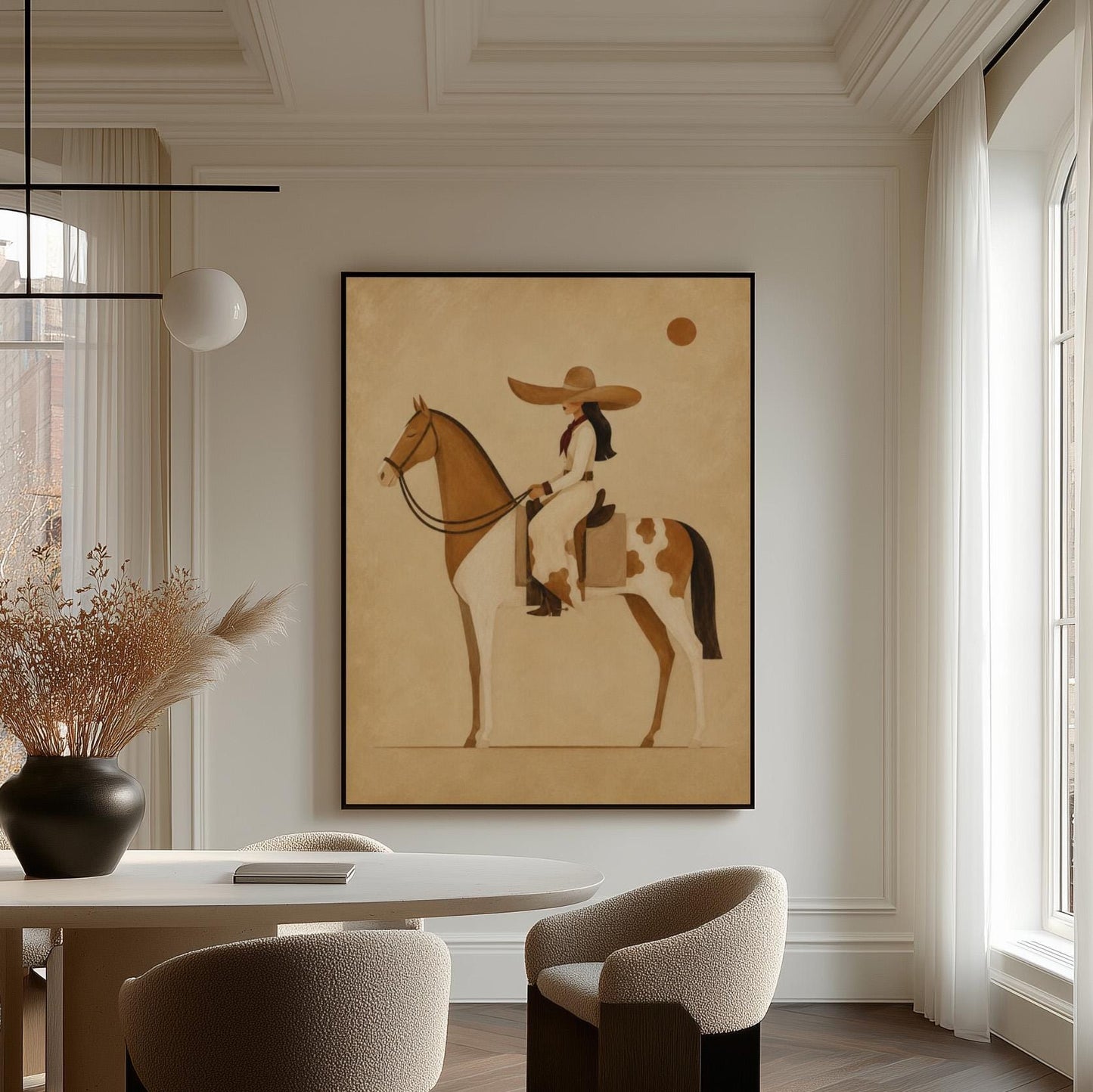 Cowgirl in a broad straw hat riding a cream and chestnut pinto horse, canvas print on a quiet wall in a considered interior