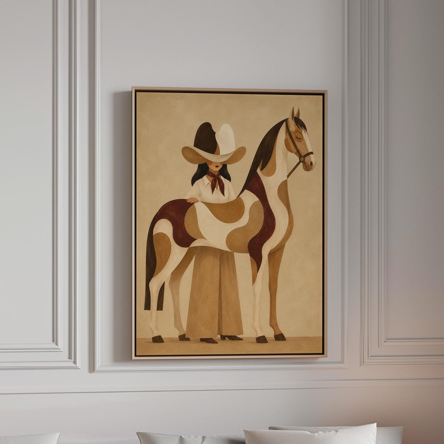 Cowgirl resting her hand on a paint horse with a deep burgundy blanket, canvas print in a bright room with natural daylight