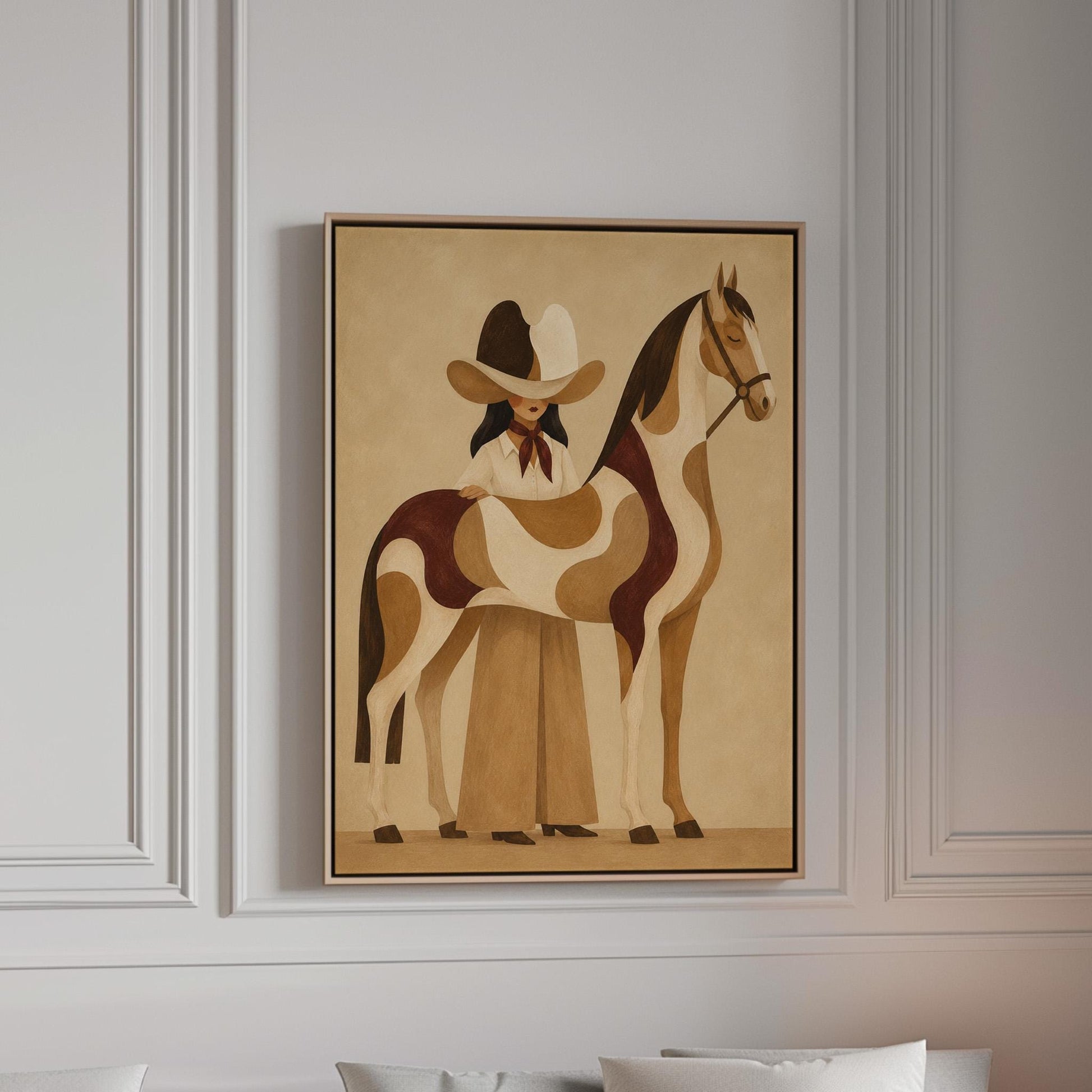 Cowgirl resting her hand on a paint horse with a deep burgundy blanket, canvas print in a bright room with natural daylight