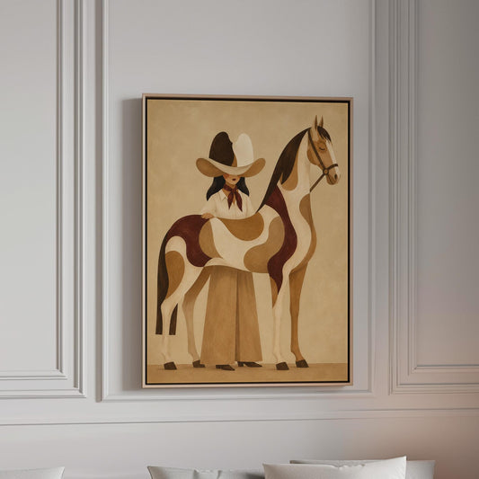 Cowgirl resting her hand on a paint horse with a deep burgundy blanket, canvas print in a bright room with natural daylight
