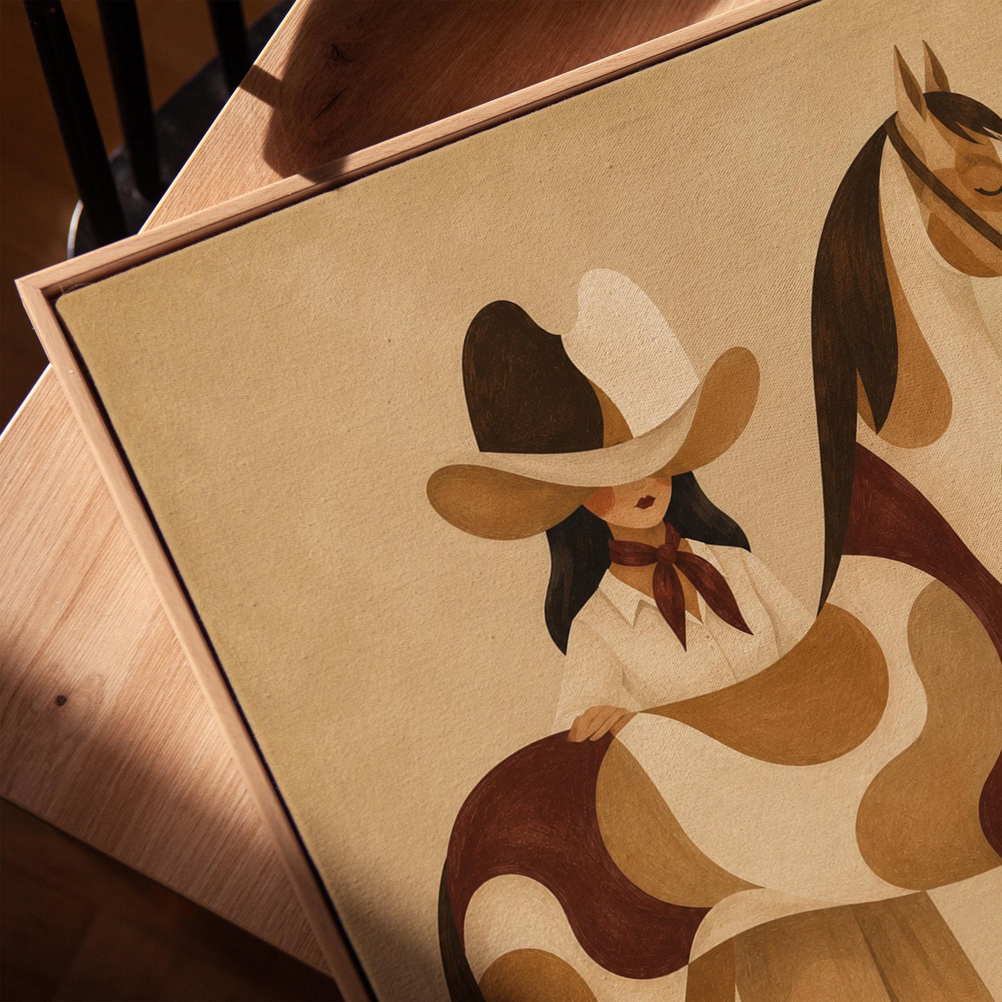 Cowgirl resting her hand on a paint horse with a deep burgundy blanket, canvas print in a warm, minimally styled interior