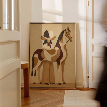 Cowgirl resting her hand on a paint horse with a deep burgundy blanket, canvas print seen in a warm interior with natural light