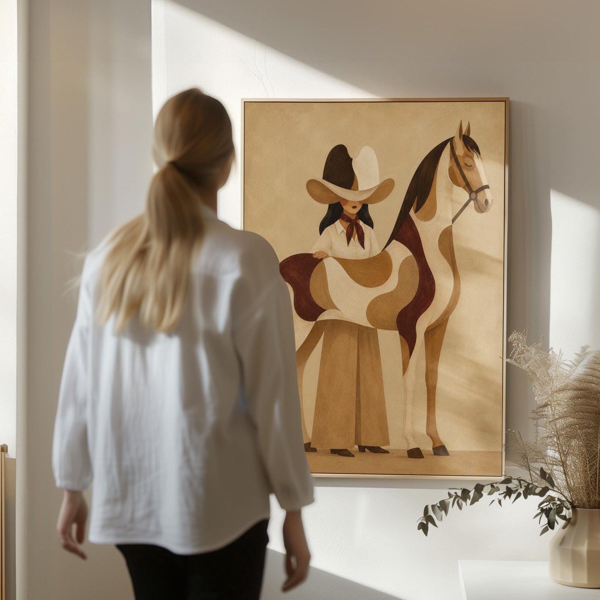 Cowgirl resting her hand on a paint horse with a deep burgundy blanket, canvas print presented in a light, minimal room