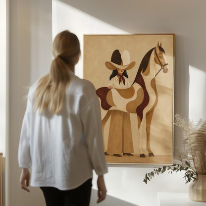 Cowgirl resting her hand on a paint horse with a deep burgundy blanket, canvas print presented in a light, minimal room