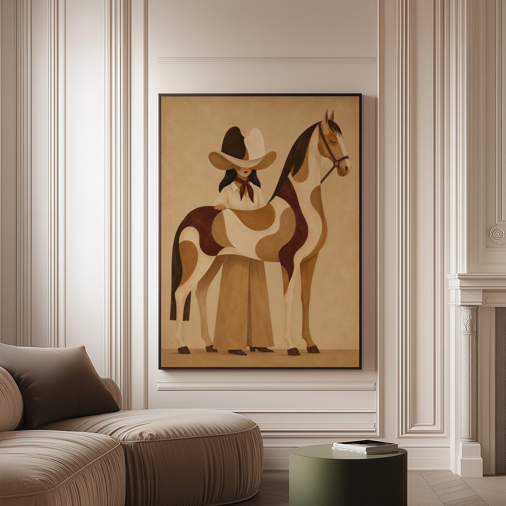 Cowgirl resting her hand on a paint horse with a deep burgundy blanket, canvas print on a softly lit wall in a calm interior