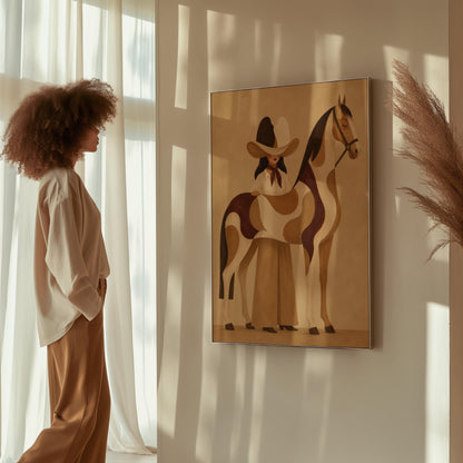 Cowgirl resting her hand on a paint horse with a deep burgundy blanket, canvas print shown to scale in a furnished room