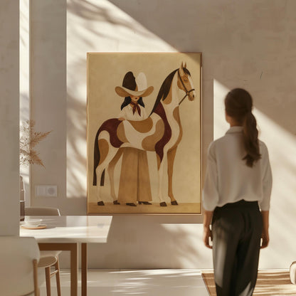 Cowgirl resting her hand on a paint horse with a deep burgundy blanket, canvas wall art hanging in a calm, modern living space