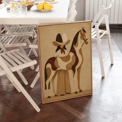 Cowgirl resting her hand on a paint horse with a deep burgundy blanket, canvas wall art styled against a soft white wall